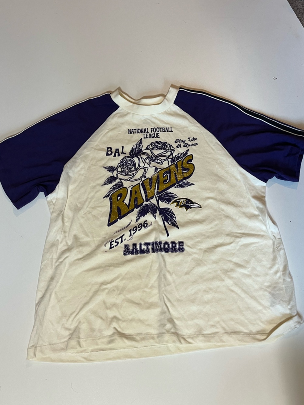 Baltimore Ravens Women’s Distressed Sleeve Stripe Raglan Tee Wear by Erin Andrew